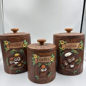 Vtg 1970's Woodsy Owl  Stump Canisters Treasure Craft USA Set of 3‎ MCM Rare HTF